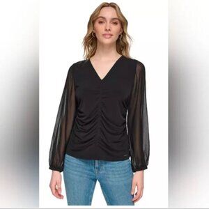 NWT Calvin Klein Black V Neck Gathered Front & Sides Sheer Long Sleeve Top Sz L